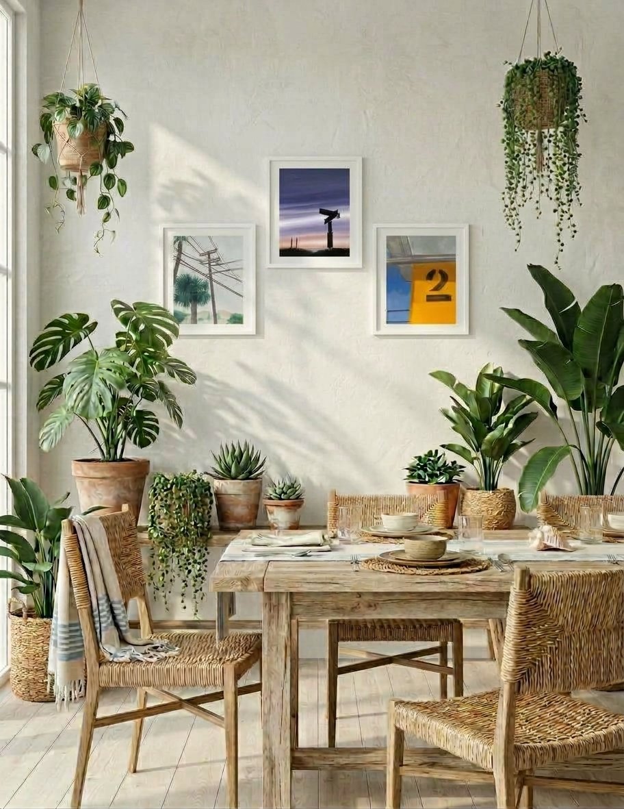 Art prints decor in coastal decorated dining room