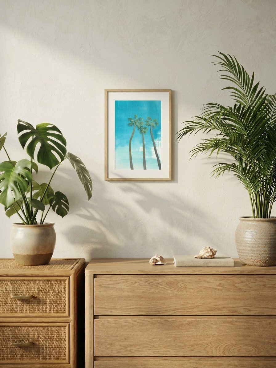 Three Palms on Blue Wall Art | High-Quality Coastal Gouache Fine Art Print - Image 3